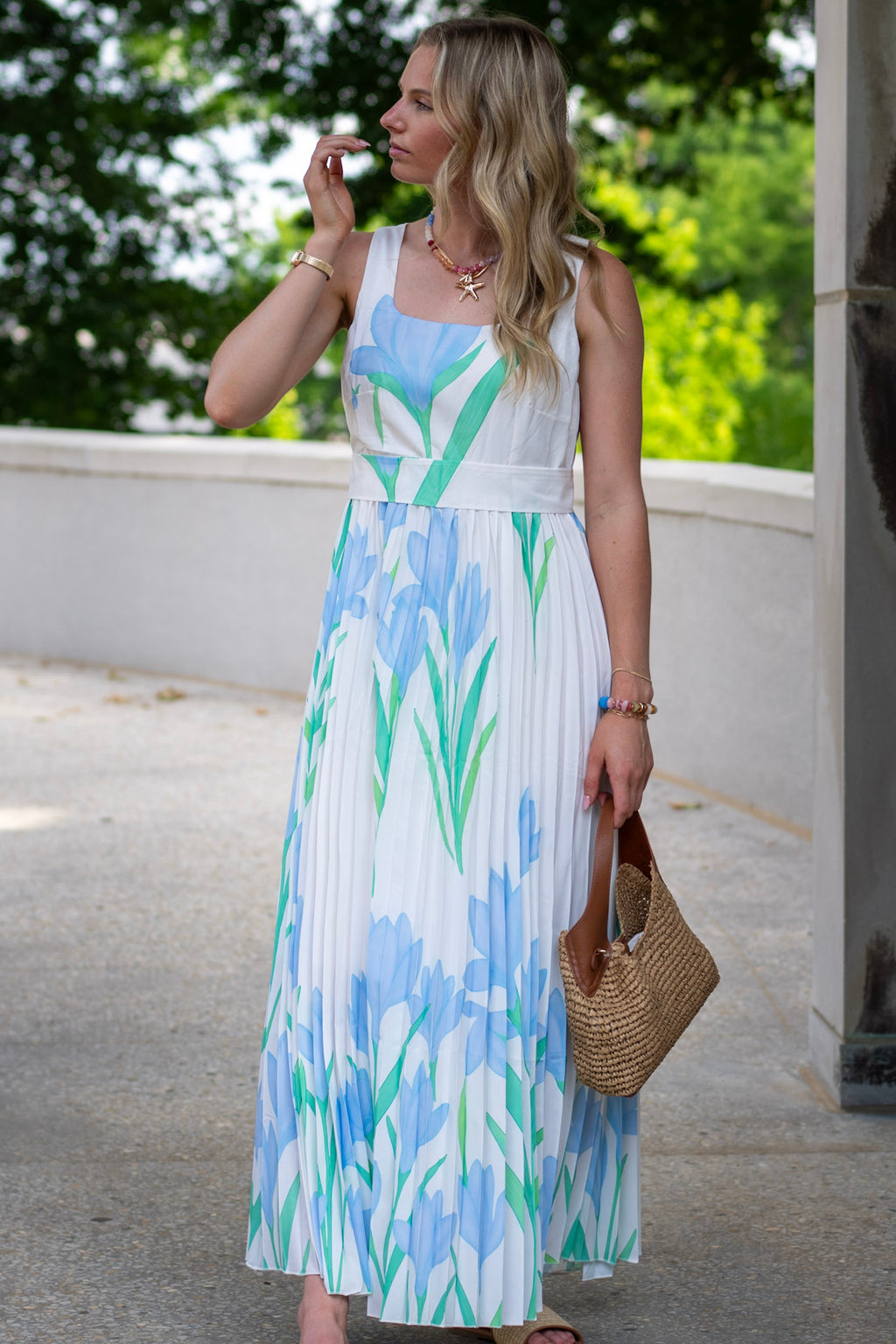 Coastal Bloom Pleated Dress